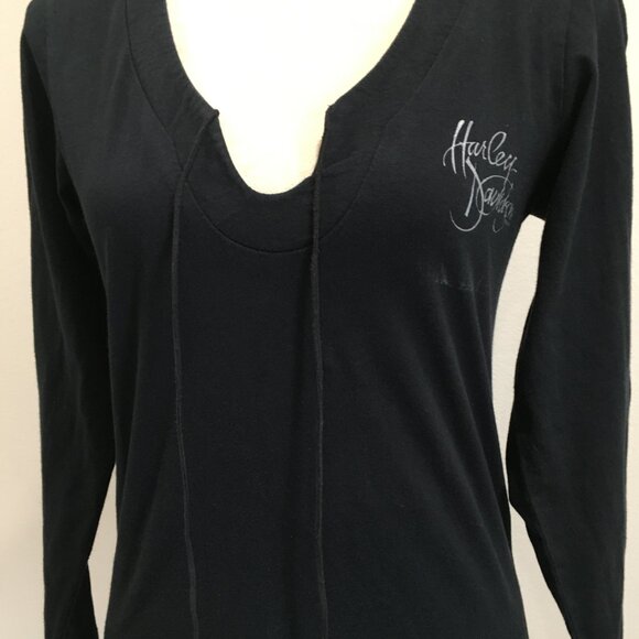 HARLEY DAVIDSON Black White Print Riverside CA Cut V Neck Tie Collar Shirt - Picture 8 of 13